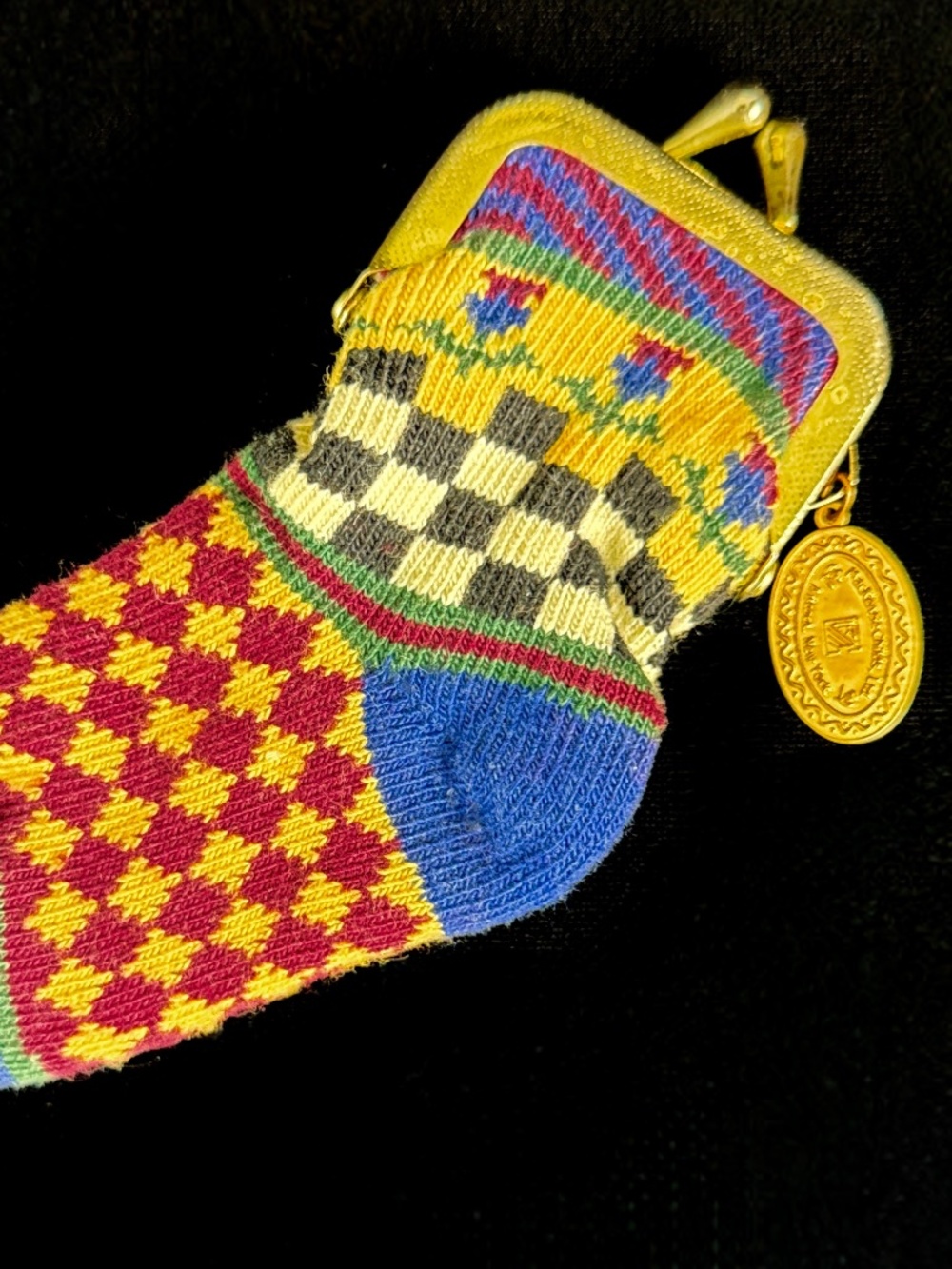 Vintage Mackenzie Childs Knit Sock Shaped Coin Purse Blue Burgundy Yellow